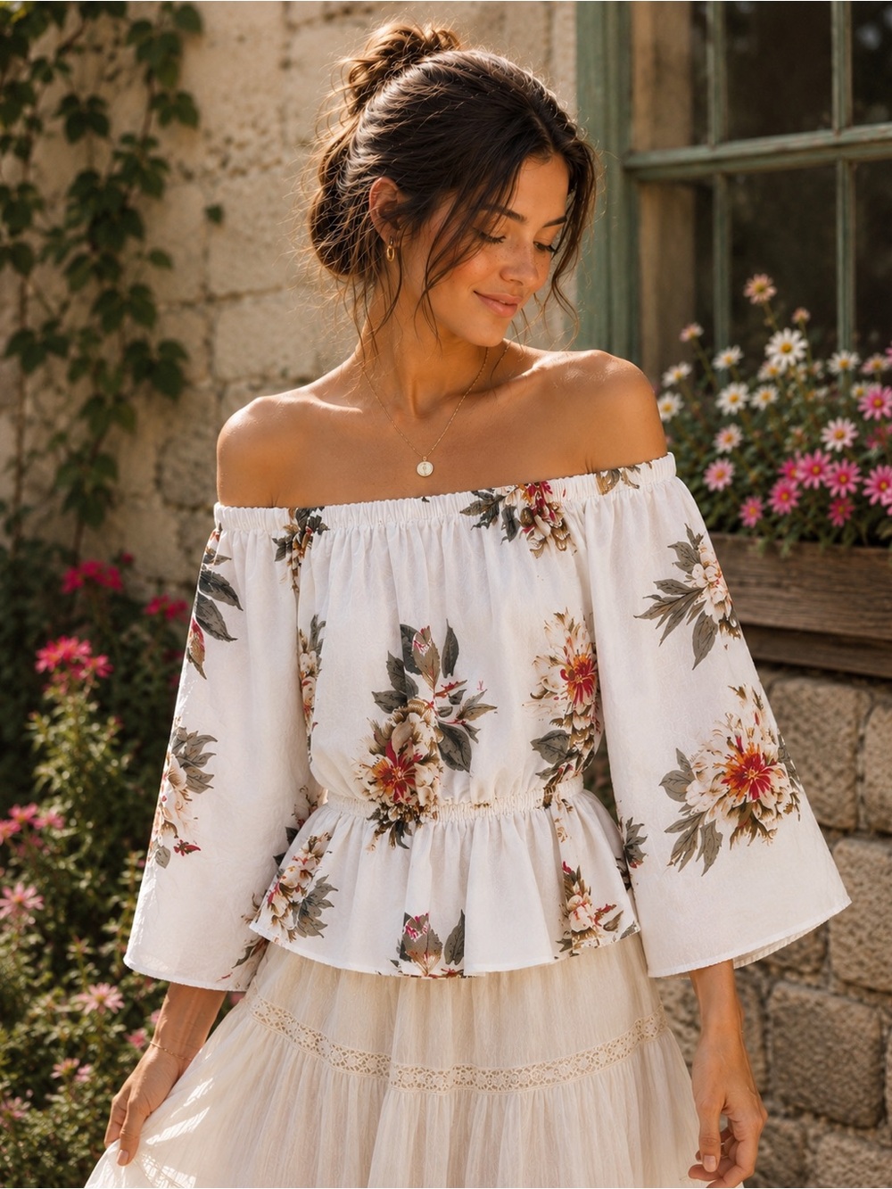 Floral Peasant Off Shoulder Blouse Cottagecore Boho Romantic Bell Sleeve S Fairy